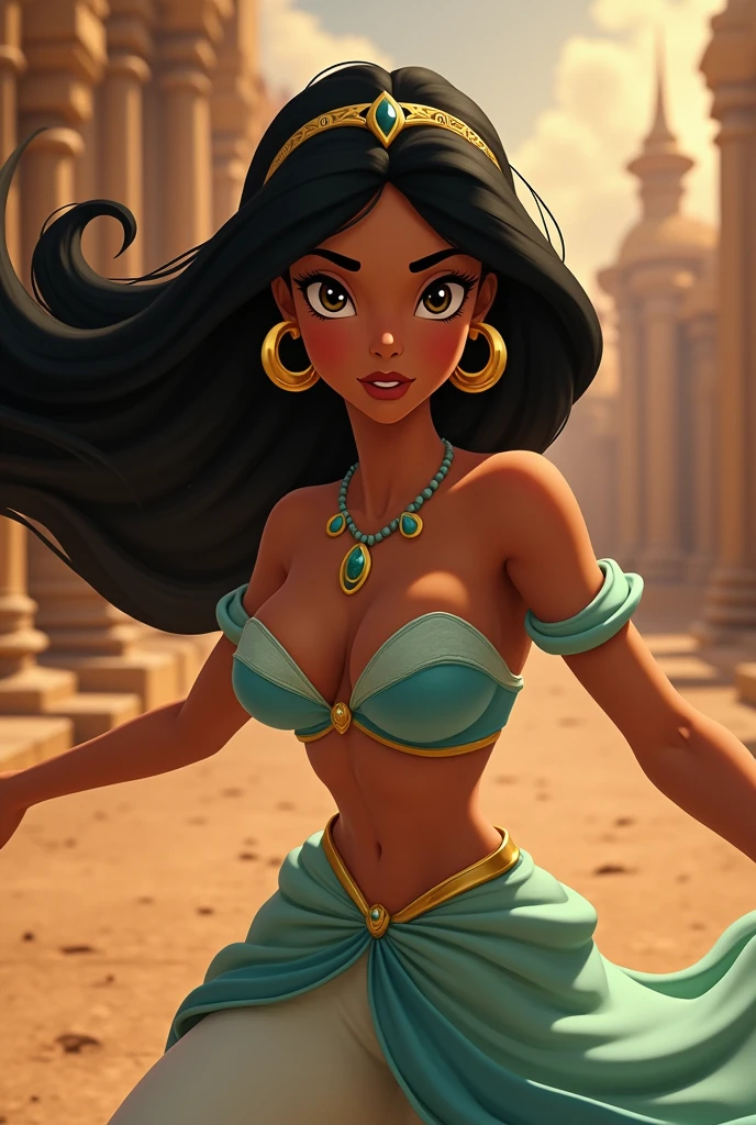 Stunning Princess Jasmine, photo in 8k, in action, cinematic, whole body, it's completely not