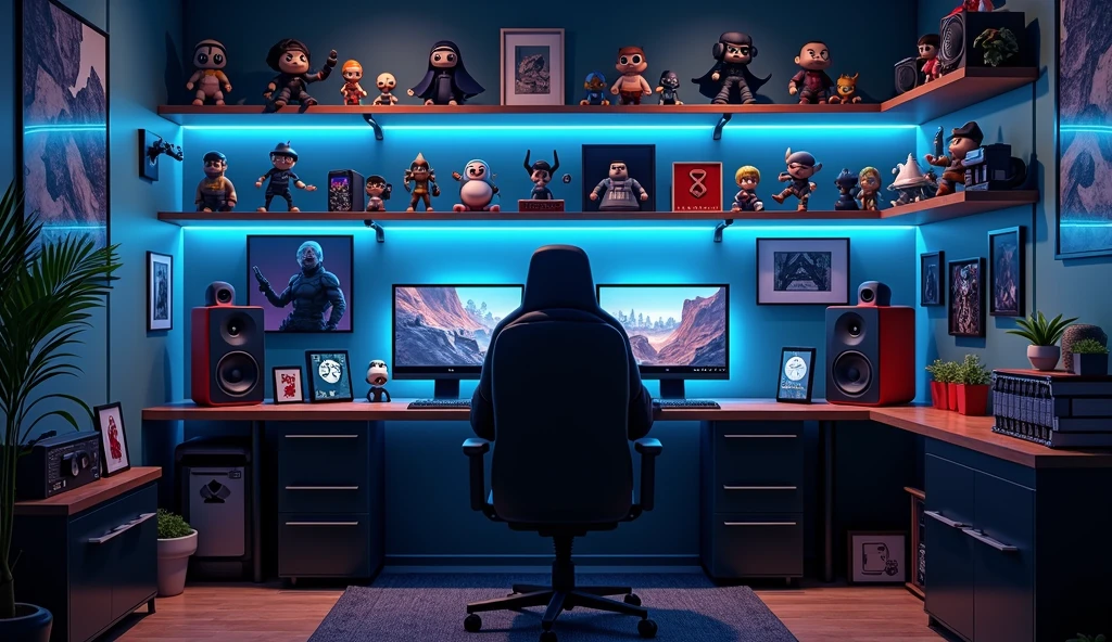 An illustration of a modern video gamer's room. There are shelves on the wall showing various pieces of gaming memorabilia, including collectibles from diverse popular games. A high-quality surround sound system is installed, providing an immersive gaming experience. The room's lighting is dim, adding to the ambiance, with additional lights available through a voice-activated light strip surrounding the room. no desk, no chair