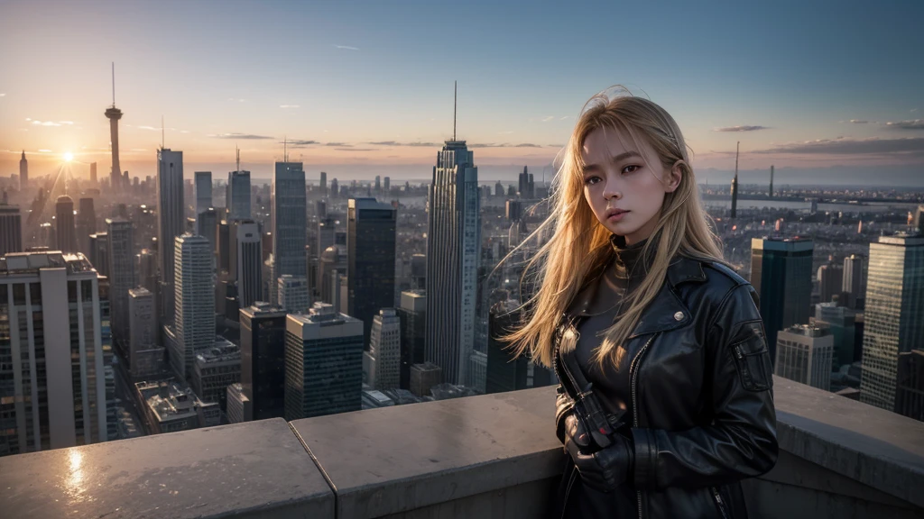 The camera pans slowly across the cityscape, capturing the glistening skyscrapers under the soft hues of dawn. Atop one of the tallest buildings stands a striking young woman, just 2, blonde hair cascading gently in the morning breeze. Her keen eyes peer through the scope of a sniper rifle, surveying the city below with calculated precision. The sun begins to rise behind her, casting a golden halo around her silhouette against the backdrop of the awakening metropolis. She remains poised and composed, a juxtaposition of beauty and lethal capability. Each detail, from the faint crease of concentration on her forehead to the subtle adjustments of her grip on the weapon, paints a portrait of unwavering determination. Far below, the city pulses with life, oblivious to the watchful guardian above. The distant hum of traffic and the occasional flicker of streetlights add an ambient rhythm to the scene, amplifying the tension of her solitary vigil. This moment, frozen in time, encapsulates both the vulnerability and strength of the modern heroine. She is not merely a figure of beauty, but a protector, a sentinel in the urban jungle, where every decision carries weight and consequence. As the shot widens to encompass the sprawling city skyline, the viewer is left to contemplate the myriad stories that unfold beneath her watchful gaze, as she remains steadfast, a guardian angel of the city.
