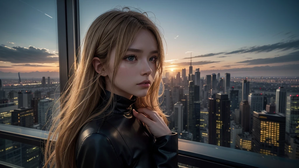 The camera pans slowly across the cityscape, capturing the glistening skyscrapers under the soft hues of dawn. Atop one of the tallest buildings stands a striking young woman, just 2, blonde hair cascading gently in the morning breeze. Her keen eyes peer through the scope of a sniper rifle, surveying the city below with calculated precision. The sun begins to rise behind her, casting a golden halo around her silhouette against the backdrop of the awakening metropolis. She remains poised and composed, a juxtaposition of beauty and lethal capability. Each detail, from the faint crease of concentration on her forehead to the subtle adjustments of her grip on the weapon, paints a portrait of unwavering determination. Far below, the city pulses with life, oblivious to the watchful guardian above. The distant hum of traffic and the occasional flicker of streetlights add an ambient rhythm to the scene, amplifying the tension of her solitary vigil. This moment, frozen in time, encapsulates both the vulnerability and strength of the modern heroine. She is not merely a figure of beauty, but a protector, a sentinel in the urban jungle, where every decision carries weight and consequence. As the shot widens to encompass the sprawling city skyline, the viewer is left to contemplate the myriad stories that unfold beneath her watchful gaze, as she remains steadfast, a guardian angel of the city.