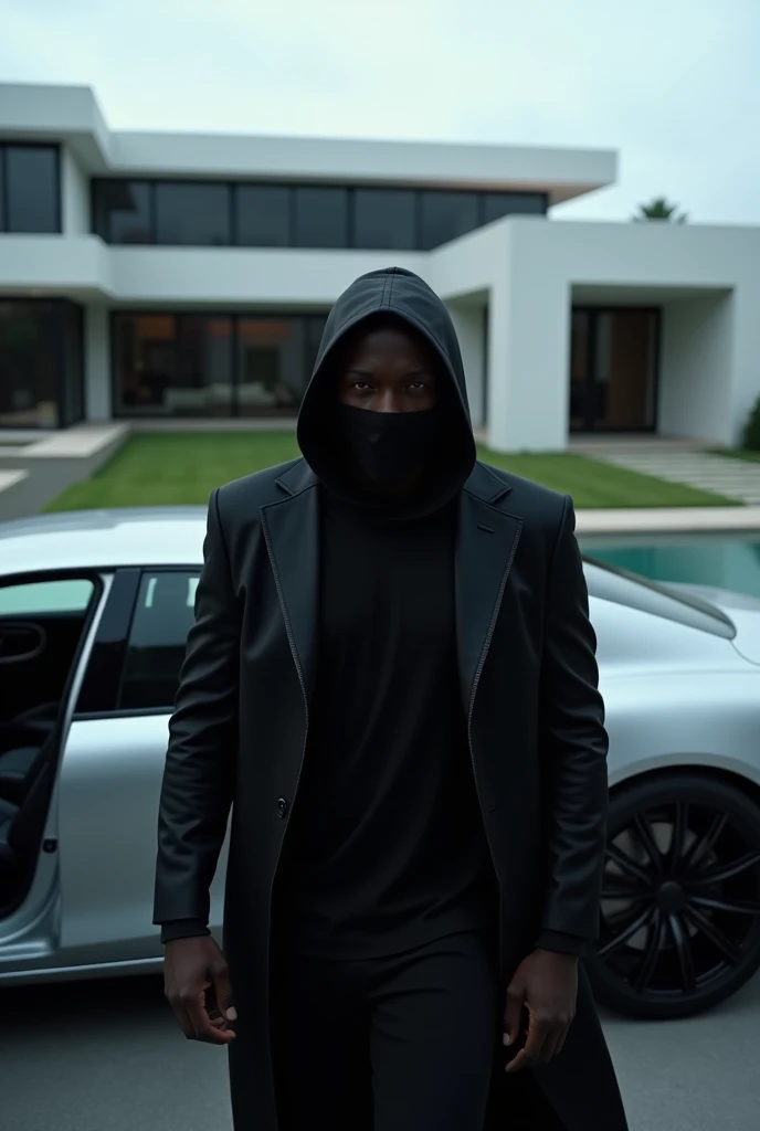 A man with black skin, wearing a black surgical mask and a black gothic jacket, is in front of his modern mansion, Getting out of your car