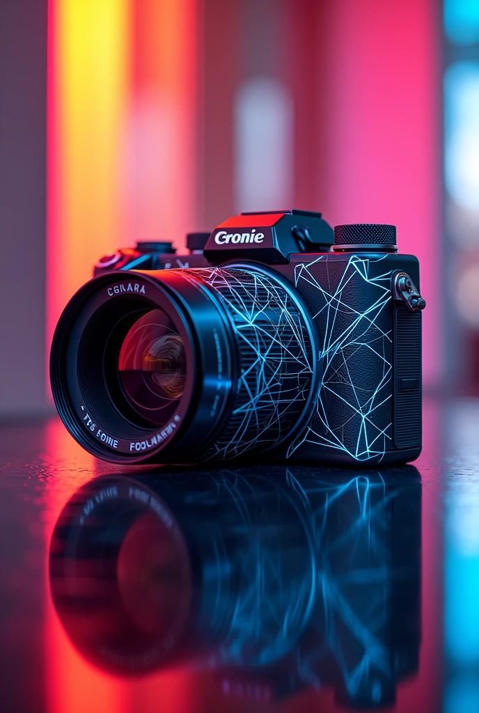 camera with lines, drawning, xt movie written logo, colorfully