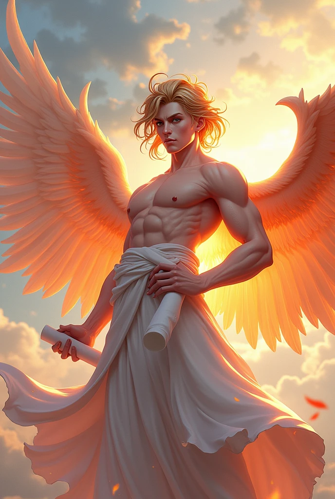 Ardantal is a God of fire in the game the gods are called overlords give me an image of a semi-realistic anime 3D model for a perfect world style game just the face with an angelic aspect with the clothes as if it were just a rolled up white cloth but with some textures that refer to fire and as if it were burned at the ends and that it passes a personality meets the character but it is like a flame make a vector and that it makes the whole body in a pose you are a man and do (2) of the same drawings of the same character, one from the front and one from the side and in the same image the clothes cannot look like a dress and that resembles the rimuro when becoming the demon lord