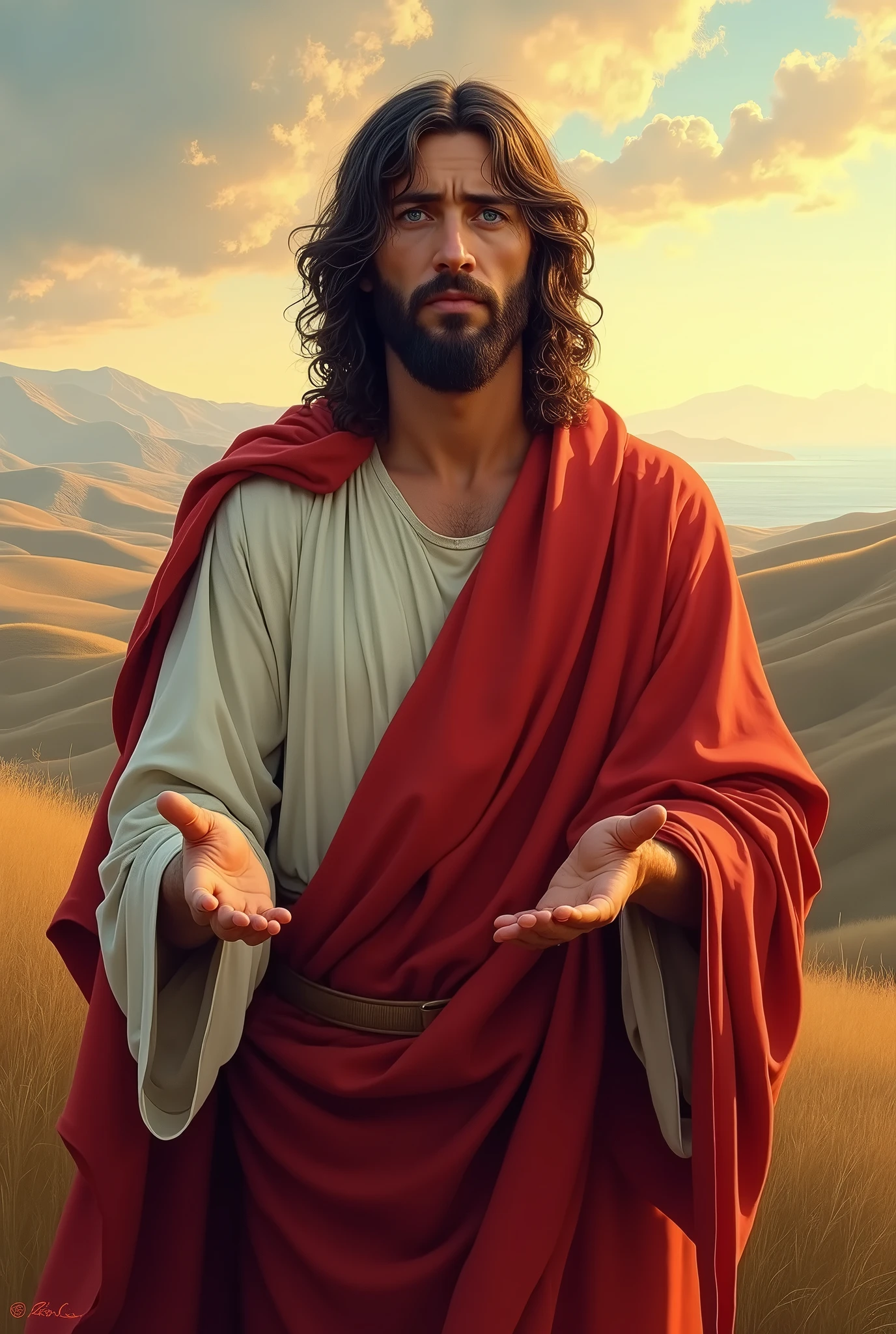 Create a realistic depiction of Jesus Christ as a 1st-century Jewish man from Galilee. Characteristics: height 1.65m, weight 50kg, olive to dark brown skin, dark curly medium-length hair, short well-groomed beard, blue eyes conveying kindness and wisdom, prominent nose, natural lips with sad, and sun-exposed skin texture. Clothing: vibrant red and white robes, with a red cloak draped over a white tunic. Expression: sad. Posture: sad, with both hands extended forward, palms up. Background: rolling hills of Galilee with the Sea of Galilee in the distance, warm lighting with a soft glow."