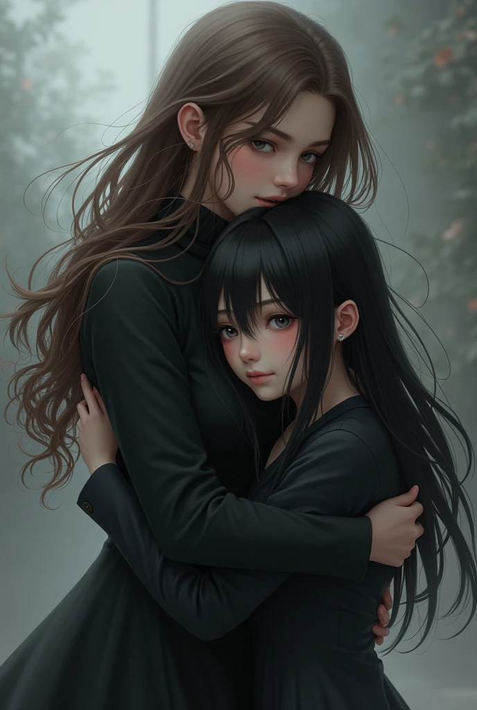 Long brown hair girl hugging an emo anime