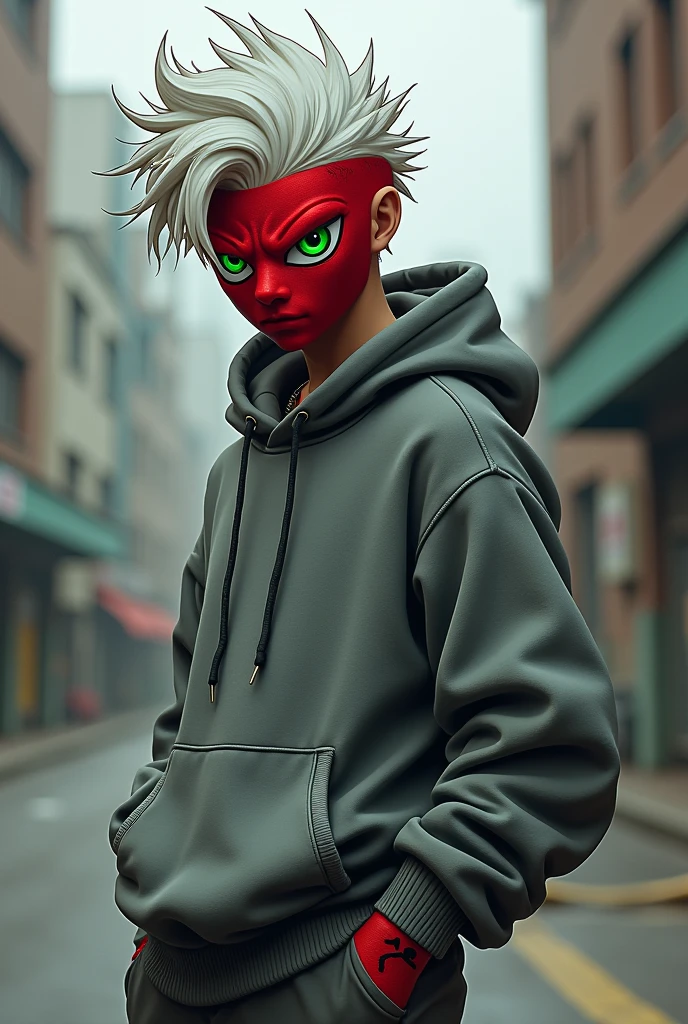 JoJo style character, I will keep the main features, like spiky white hair, the red mask and the green eyes, gray sweatshirt. 