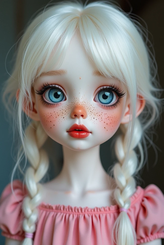a girl with white long hair blue eyes white pale skin red lips button nose very long black eyelashes big plump lips freckles all over the face with two ponytails and bangs wearing a pink dress freckles
