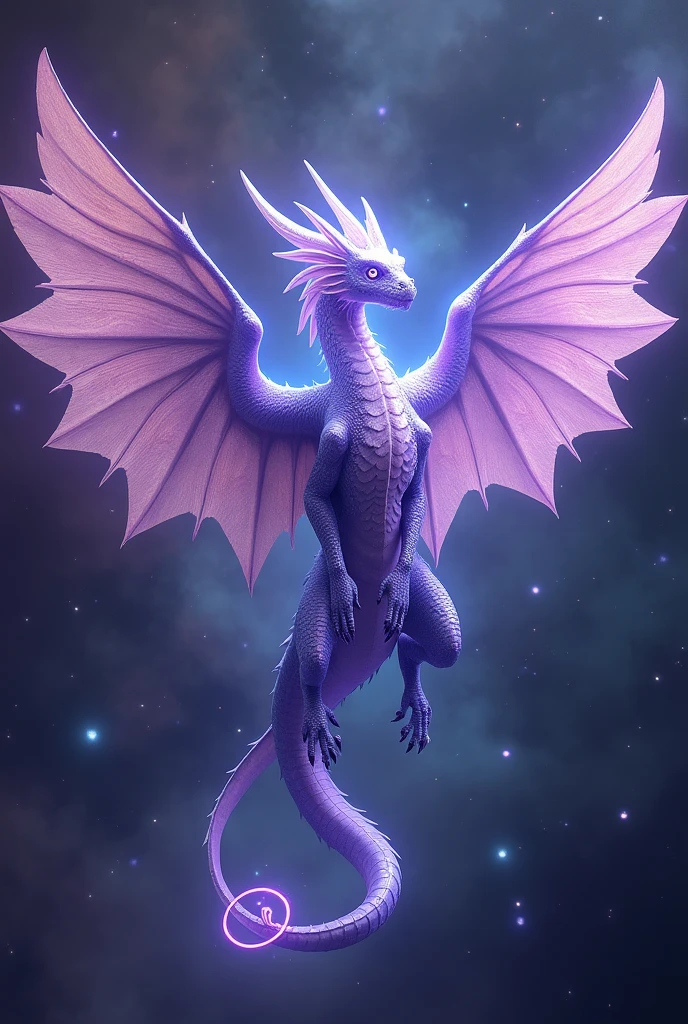 Create a majestic ultraviolet dragon with mystical rings on the tail and 4 feathered wings, and the sign of Aquarius on the forehead