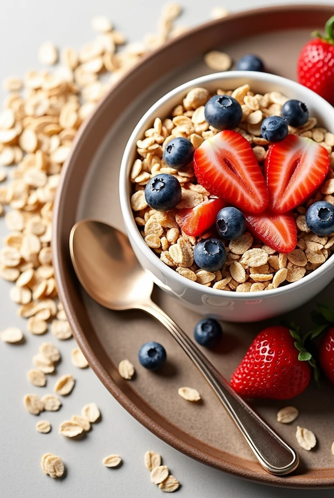 (photorealism:1.2) Make the word nutrition with oats and be guided by the color palette, add strawberries, blueberry, spoons,Golden Brown Plates (for cereals and granola)
bright red (for strawberries)
color blueberry (for blueberries)
Beige natural o blanco (for the background)