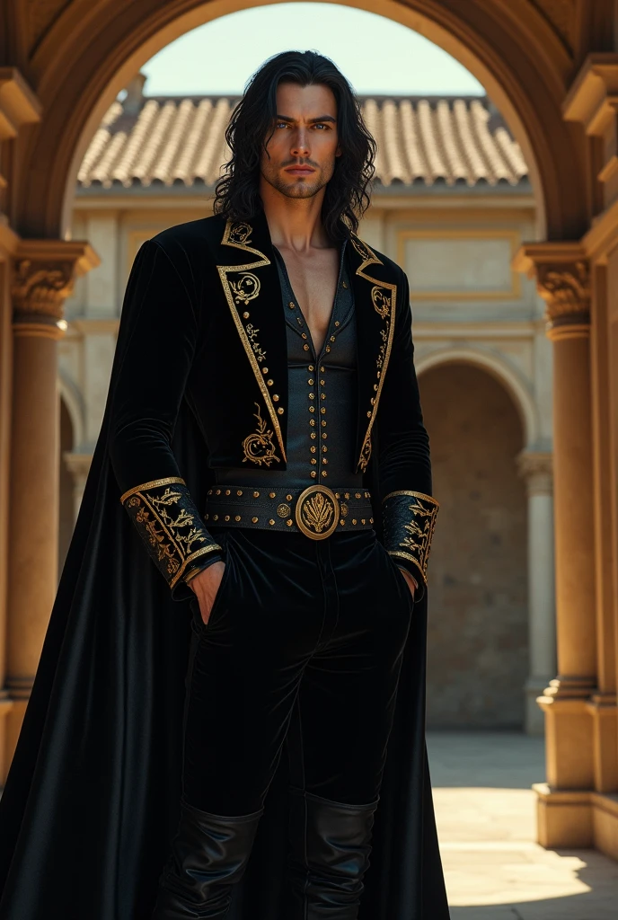 (Of course. So with all this in mind, the complete description of this man's appearance would be:

Tall male in the age range of 25-40, with long, dark and straight hair, and a strong but not "too" muscular physique. Fair skin, athletic-muscular build, and pale or white colored eyes. A black and gold velvet armor, although not very protective, probably expensive-looking.
He's in a courtyard castle 
He's very attractive and good-looking 
He's sexy and hot 
