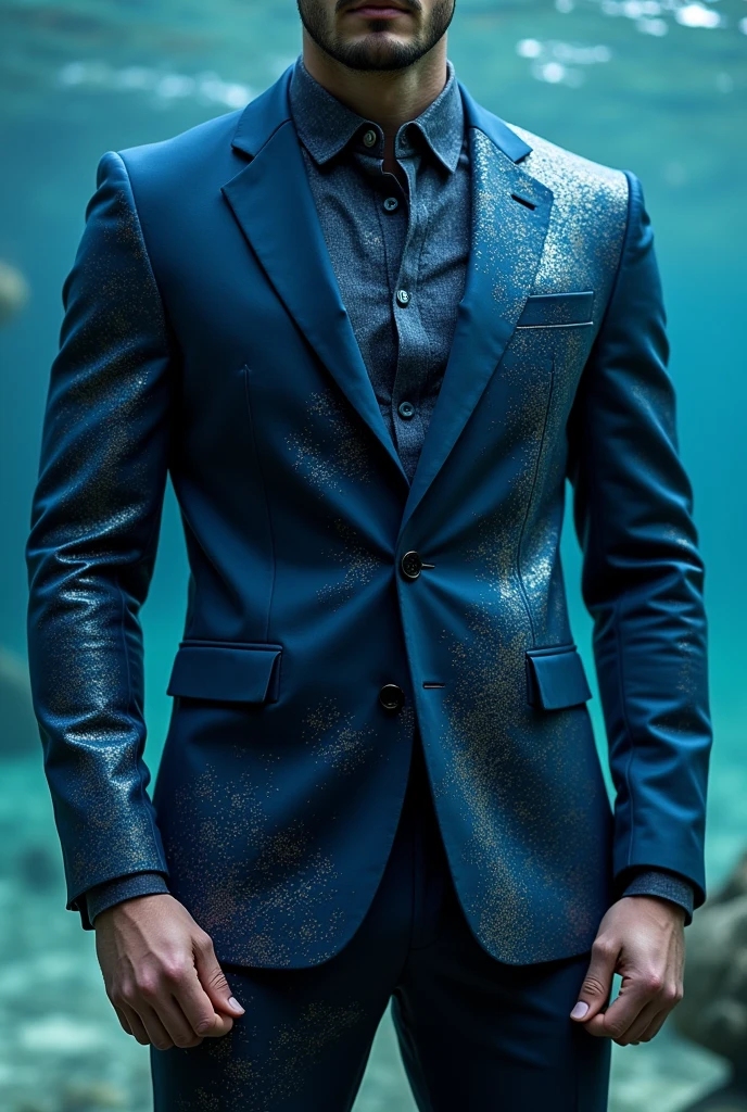 A navy blue men&#39;s suit with patterns reminiscent of waves and fish scales. The suit is made of a water-resistant material and adapted for underwater environments..