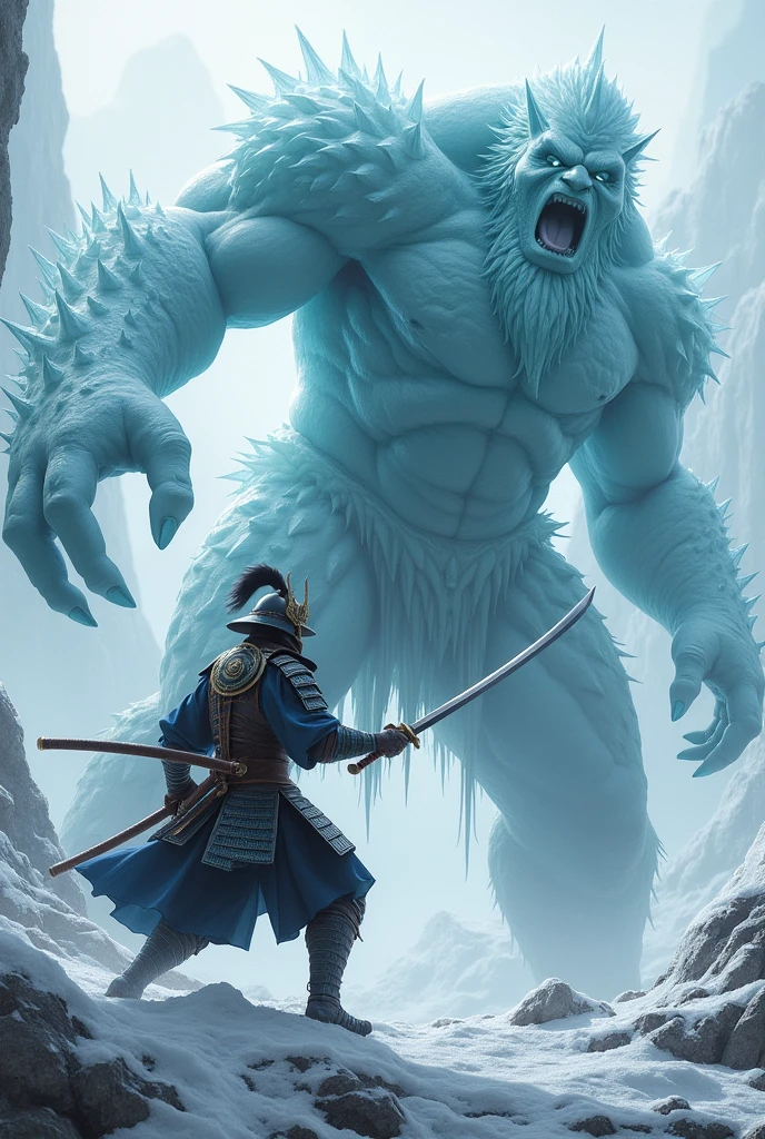 Combat entre un samourai contre un geant de glace le samourail plante son sabre dans le cul du gean de glace