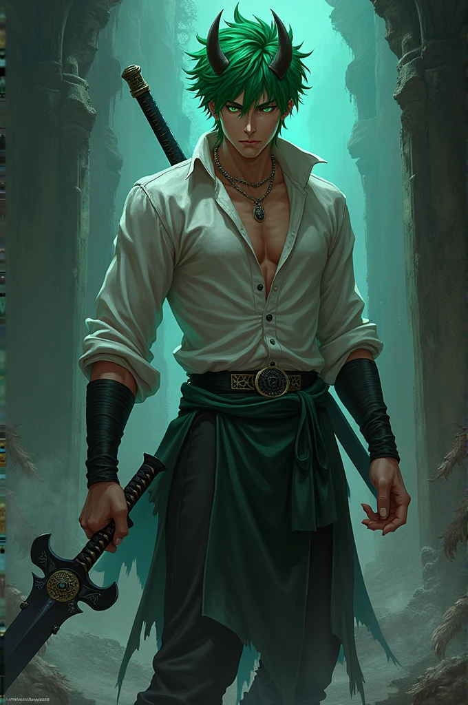 Anime boy with human body with demon features, green hair and dark katana