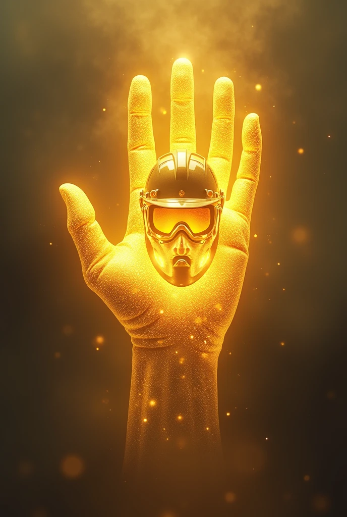 Golden hand holding safety equipment like glove, helmet, protective glasses and boots 