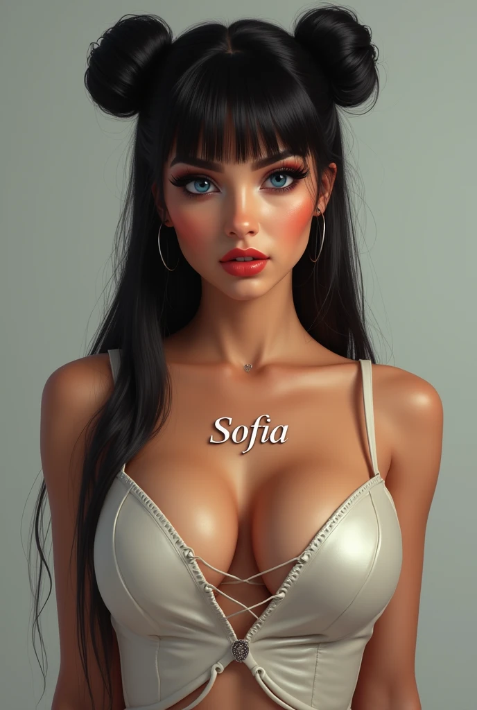 Mexican A beautiful pale-skinned Latina , eyes blue, full body, perfect body, two buns, straight bangs, (best quality,4k,8k,highres,masterpiece:1.2),ultra-detailed,(realistic,photorealistic,photo-realistic:1.37),HDR,UHD,studio lighting,ultra-fine painting,sharp focus,physically-based rendering,extreme detail description,professional,vivid colors,bokeh,portraiture,glamour,sensual,alluring,wear mexi, in style of Retna, full body, Named on her chest Sofia