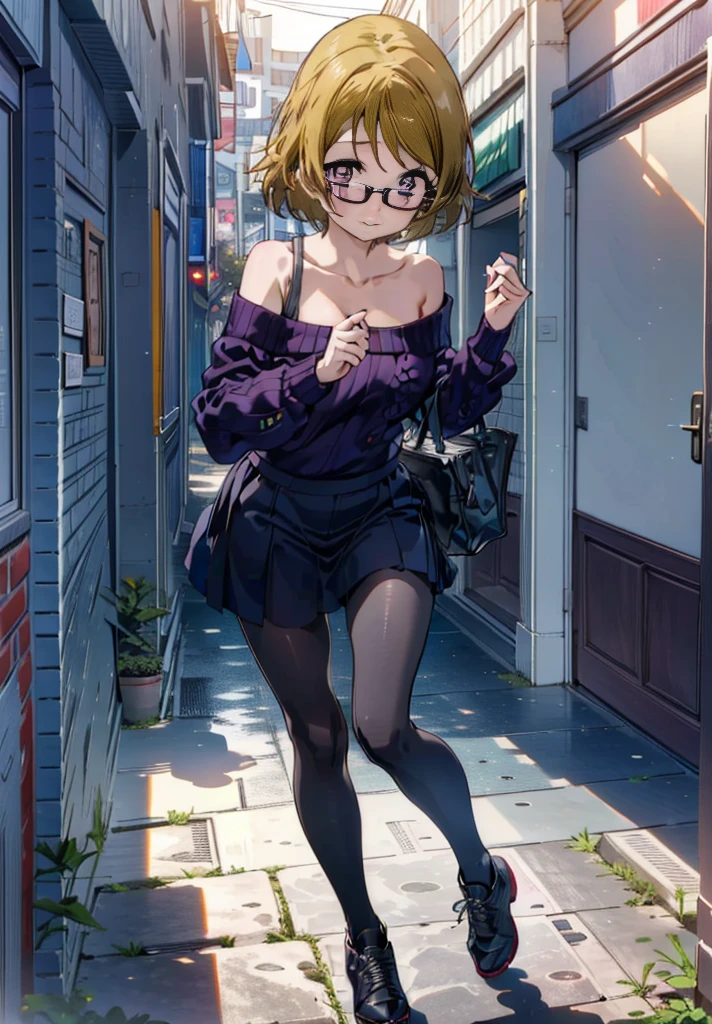 Hanayo Koizumi, hanayo　Koizumi, short hair, Brown Hair, Purple eyes,Big Breasts,Black-rimmed glasses,smile,Open your mouth,blush,Green one-shoulder sweater,mini skirt,Black pantyhose,short boots,Walking,morning,morning陽,The sun is rising,On the way to school,whole bodyがイラストに入るように,　　　　　　　　　　　　　　　　　　　　break looking at viewer, whole body,　　　　　　　　　　　　　　　　　　　break outdoors,University, School building,　　　　　　　　　　　　break (masterpiece:1.2), Highest quality, High resolution, unity 8k wallpaper, (shape:0.8), (Beautiful attention to detail:1.6), Highly detailed face, Perfect lighting, Highly detailed CG, (Perfect hands, Perfect Anatomy),