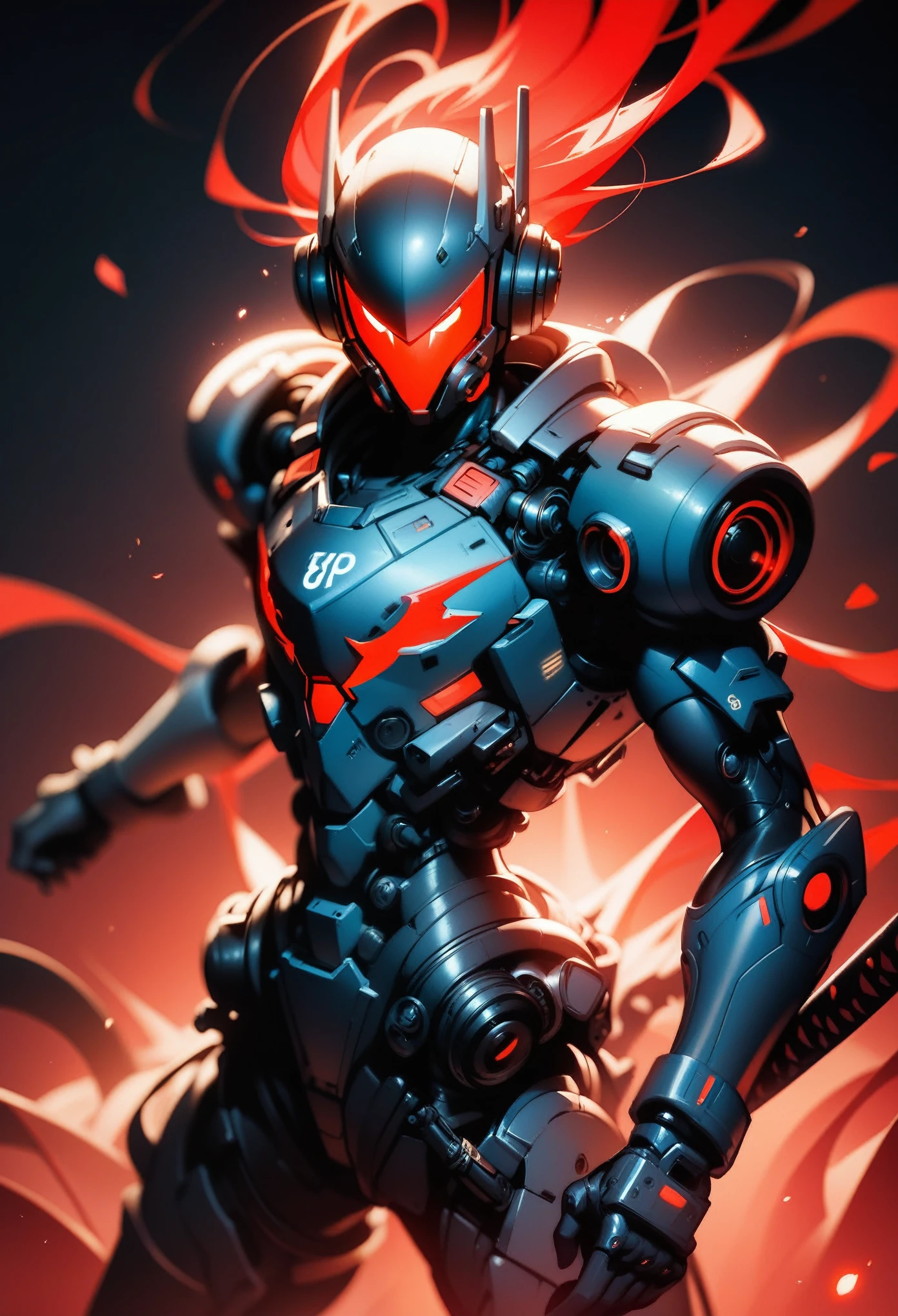 A futuristic cyber warrior in an aggressive stance, prepared for battle. The character is in a low position, with legs extended and firmly planted, while holding a black katana with a red aura that emits an intense and fiery glow. The warrior wears black, sturdy armor., with angular and sharp details, and multiple metallic cables or tentacles extending from its back. The helmet is dark and completely covers the face., showing only three bright red heartbeat-shaped lines running horizontally across the visor, adding an intimidating and technological air. The background is minimalist, with a greyish tone, and small red sparks or particles floating in the air, complementing the dark and dynamic atmosphere of the scene. The style of the image is dark and dystopian, with a focus on contrasts of light and shadow, highlighting the red details against the predominant black and grey.