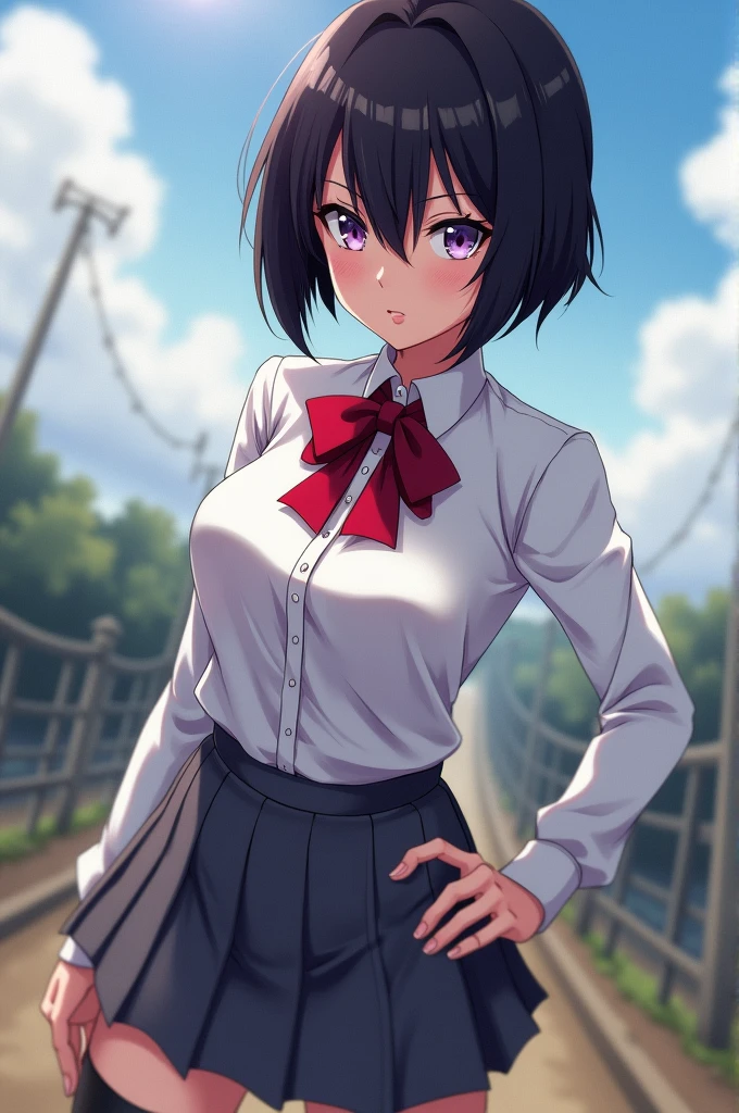 ((best quality)), ((highly detailed)), masterpiece, , (1girl), Perspective distortion, cowboy shot, ((wide shot)), Rukia, black hair, short hair, hair between eyes, purple eyes, , white collared shirt, red bowtie, grey pleated skirt, socks, shoes, (outside, black thighhighs ,looking viewer