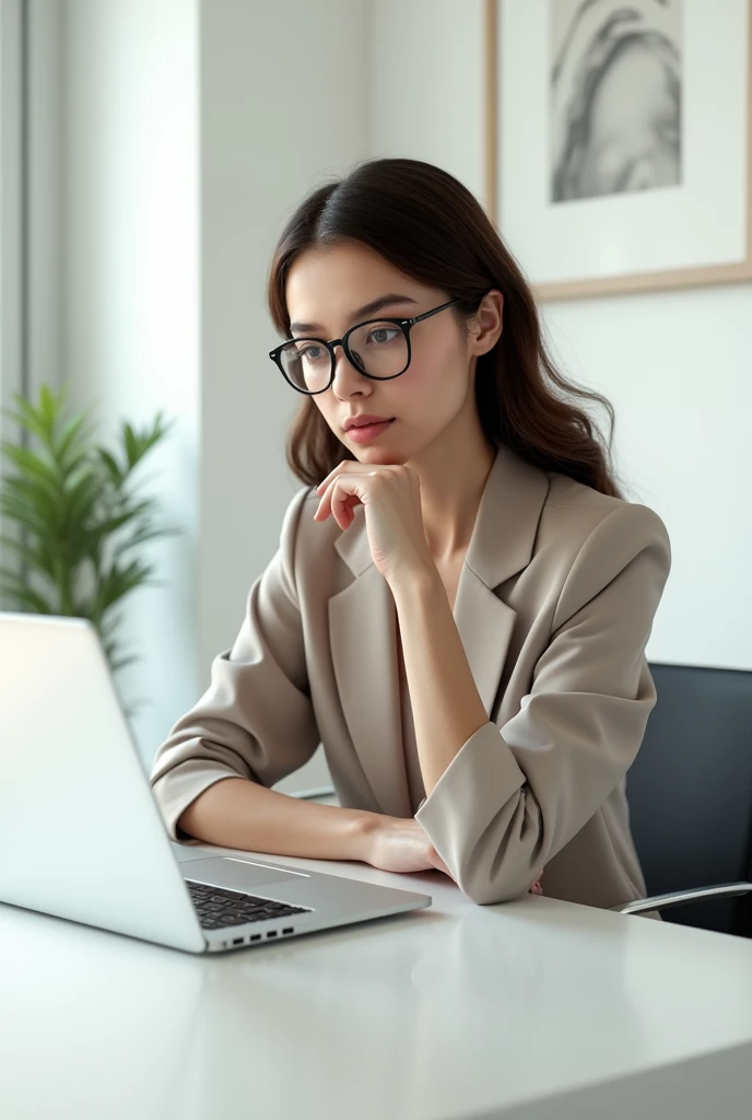 an elegant brunette woman with glasses at a white desk with a laptop, Thinking