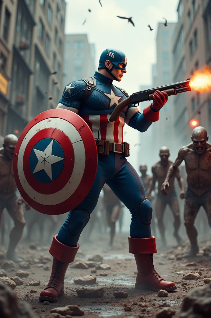 Captain America fighting zombies with a shotgun