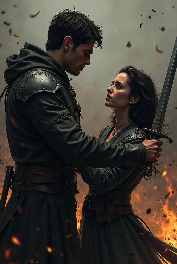 Create an illustration of Shade Borrow's Death from the book Glass Sword by Victoria Aveyard. The moment he appears to pick up his sister, the two of them looking at each other, when he is hit by a sword