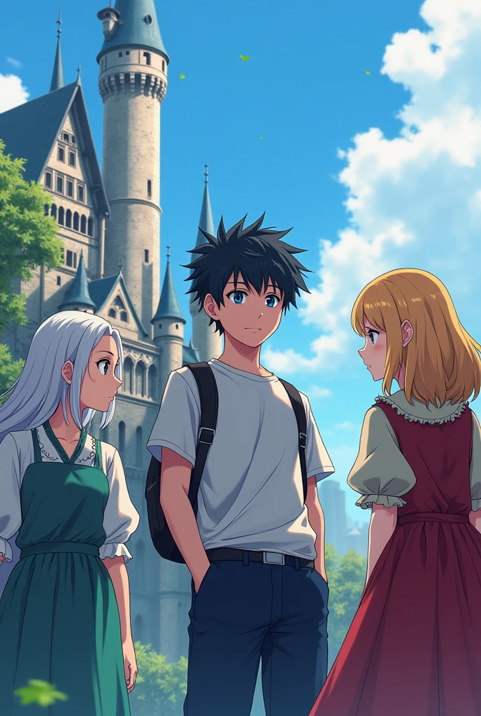 There's a 14-year-old anime guy with black hair and blue eyes in school clothes and he's going to be in the middle and on the side there's going to be a girl with blue eyes and blonde hair and another one with white hair on the other side but from the medieval era with a castle behind him but the castle has to be close and it has to be from an anime it has to be cool as it can't be anime school styles