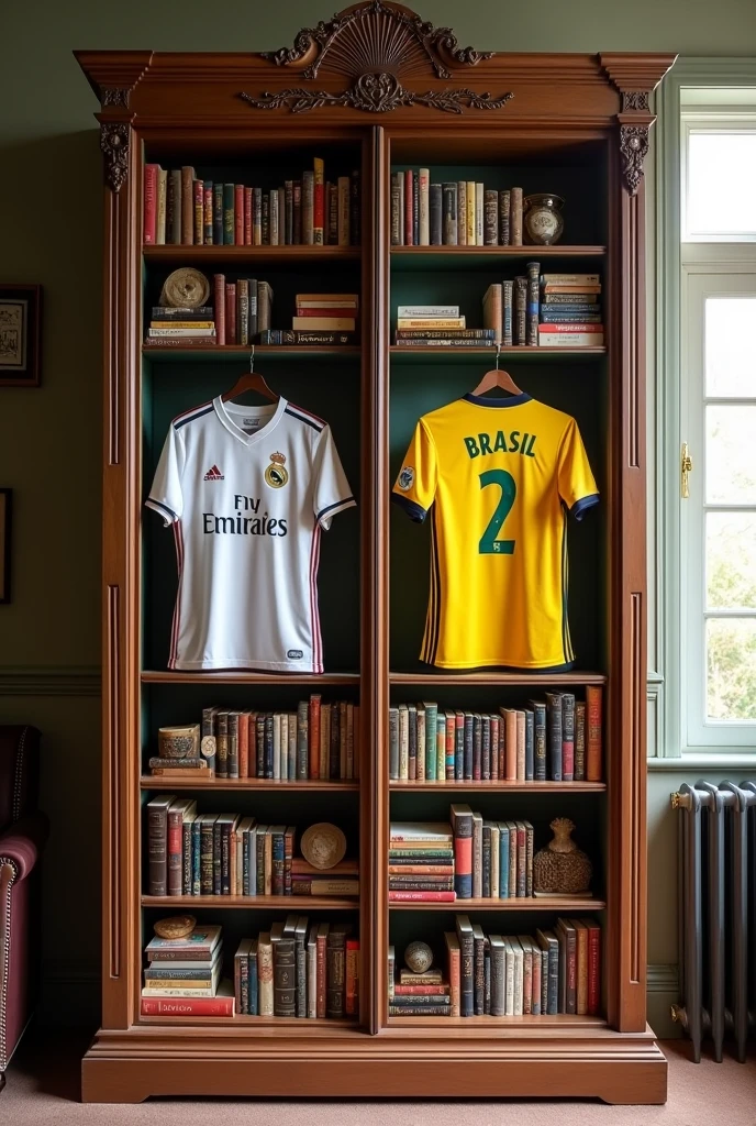 An almira with two sides.one side fully with books.other side fully with lots of real madrid and brazil Jerseys