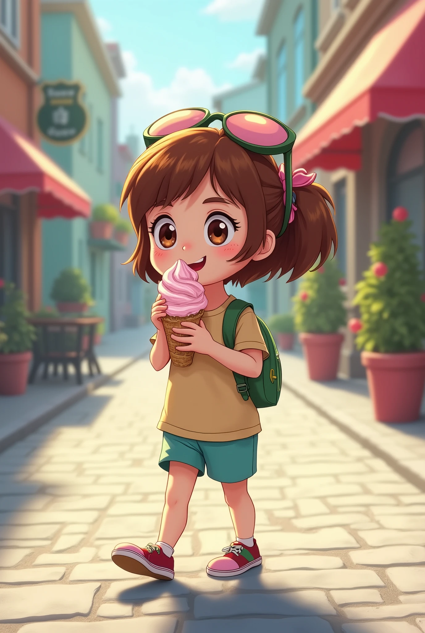 A cartoon character eating ice cream from a cup walking down the street