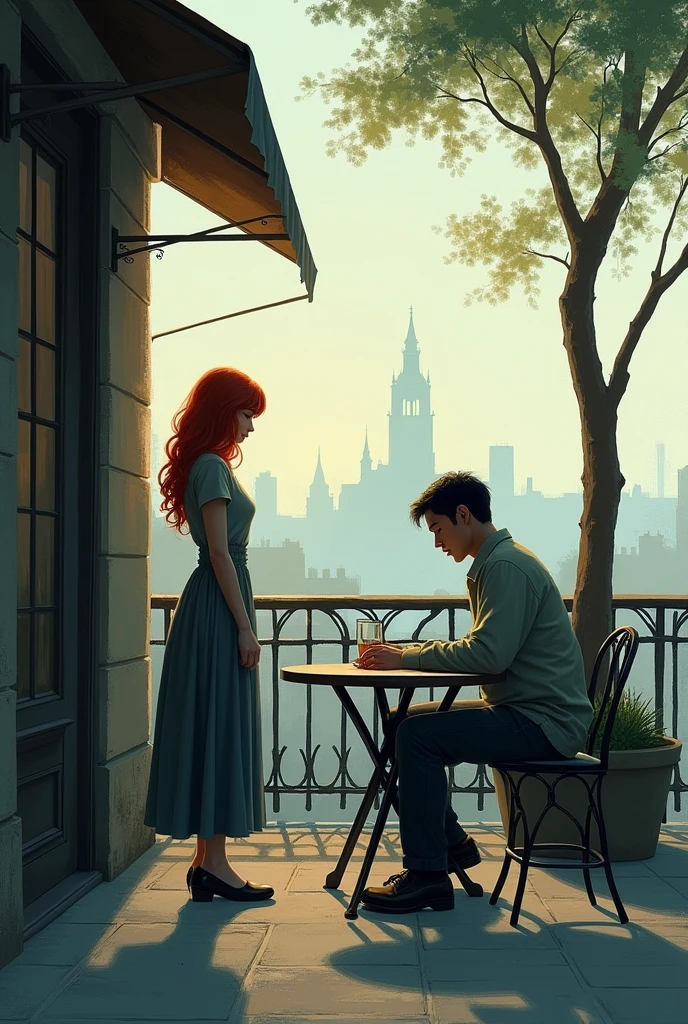 A city café terrace, man sitting lonely with the empty chair,  and red hair woman stands, a soft impression, a sad scene,