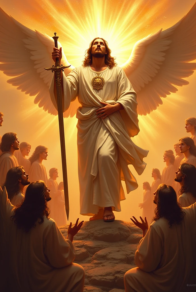jesus, with eyes of flames sword, resplendent crown surrounded by glory, with angels worshiping