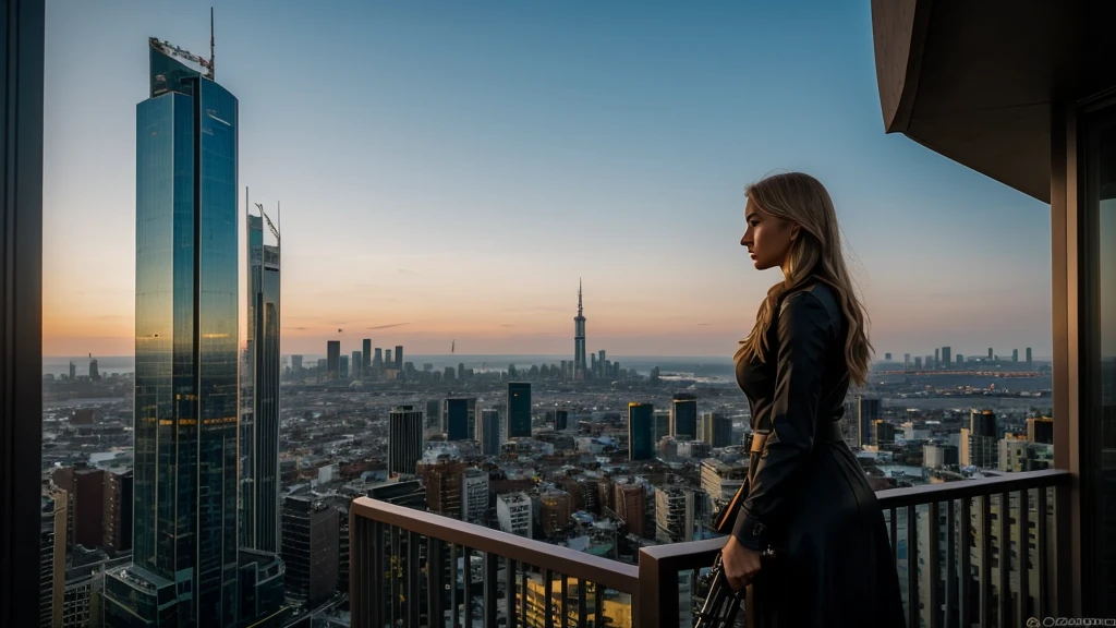 The camera pans slowly across the cityscape, capturing the glistening skyscrapers under the soft hues of dawn. Atop one of the tallest buildings stands a striking young woman, just 2, blonde hair cascading gently in the morning breeze. Her keen eyes peer through the scope of a sniper rifle, surveying the city below with calculated precision. The sun begins to rise behind her, casting a golden halo around her silhouette against the backdrop of the awakening metropolis. She remains poised and composed, a juxtaposition of beauty and lethal capability. Each detail, from the faint crease of concentration on her forehead to the subtle adjustments of her grip on the weapon, paints a portrait of unwavering determination. Far below, the city pulses with life, oblivious to the watchful guardian above. The distant hum of traffic and the occasional flicker of streetlights add an ambient rhythm to the scene, amplifying the tension of her solitary vigil. This moment, frozen in time, encapsulates both the vulnerability and strength of the modern heroine. She is not merely a figure of beauty, but a protector, a sentinel in the urban jungle, where every decision carries weight and consequence. As the shot widens to encompass the sprawling city skyline, the viewer is left to contemplate the myriad stories that unfold beneath her watchful gaze, as she remains steadfast, a guardian angel of the city.
