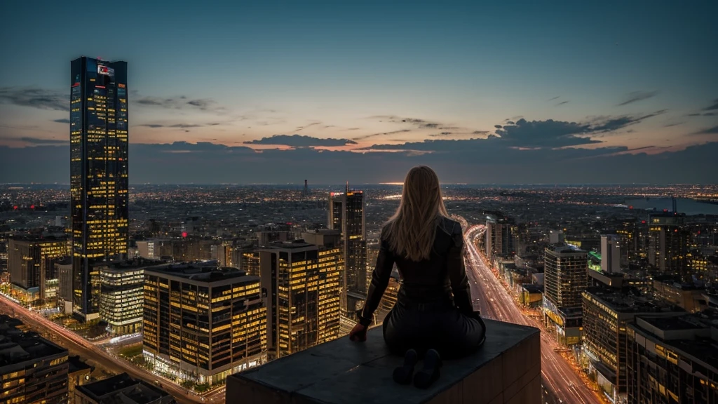 The camera pans slowly across the cityscape, capturing the glistening skyscrapers under the soft hues of dawn. Atop one of the tallest buildings stands a striking young woman, just 2, blonde hair cascading gently in the morning breeze. Her keen eyes peer through the scope of a sniper rifle, surveying the city below with calculated precision. The sun begins to rise behind her, casting a golden halo around her silhouette against the backdrop of the awakening metropolis. She remains poised and composed, a juxtaposition of beauty and lethal capability. Each detail, from the faint crease of concentration on her forehead to the subtle adjustments of her grip on the weapon, paints a portrait of unwavering determination. Far below, the city pulses with life, oblivious to the watchful guardian above. The distant hum of traffic and the occasional flicker of streetlights add an ambient rhythm to the scene, amplifying the tension of her solitary vigil. This moment, frozen in time, encapsulates both the vulnerability and strength of the modern heroine. She is not merely a figure of beauty, but a protector, a sentinel in the urban jungle, where every decision carries weight and consequence. As the shot widens to encompass the sprawling city skyline, the viewer is left to contemplate the myriad stories that unfold beneath her watchful gaze, as she remains steadfast, a guardian angel of the city.