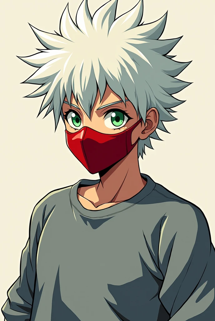 JoJo 2D style character, I will keep the main features, like spiky white hair, a red mouth mask and green eyes, gray sweatshirt. 