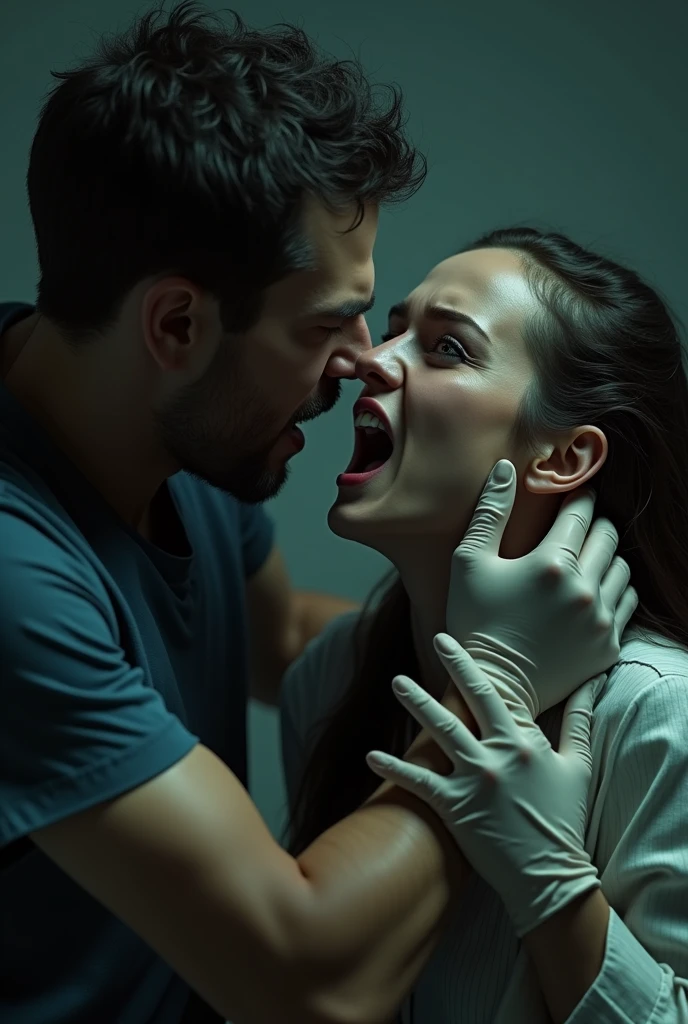 Man with surgical gloves suffocating woman
