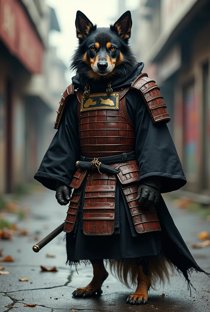 Black street dog dressed as a samurai