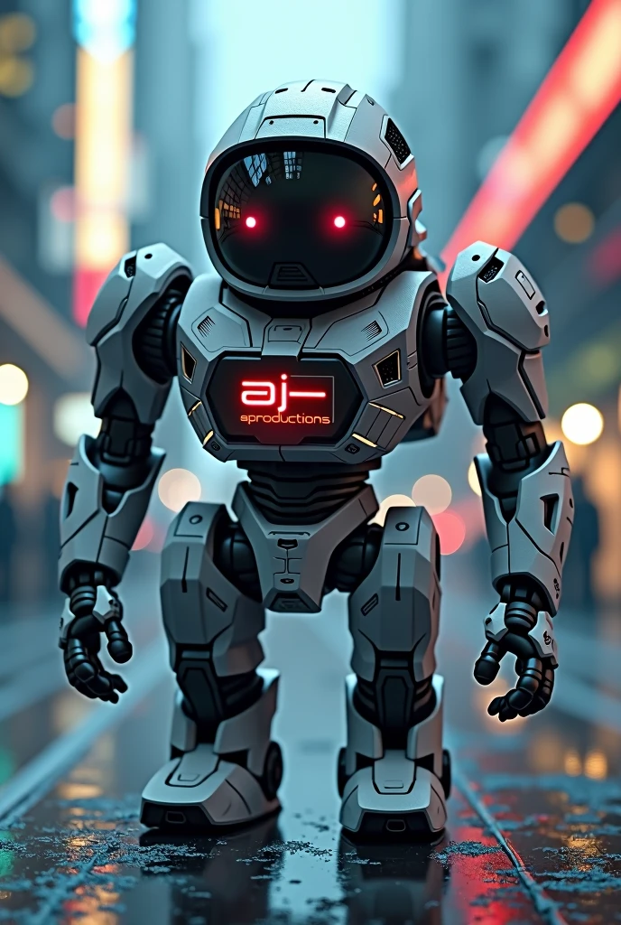 Bot type robot with a message that says Ajproducciones, But let it be a unique and great design and let Aj Productions get bigger