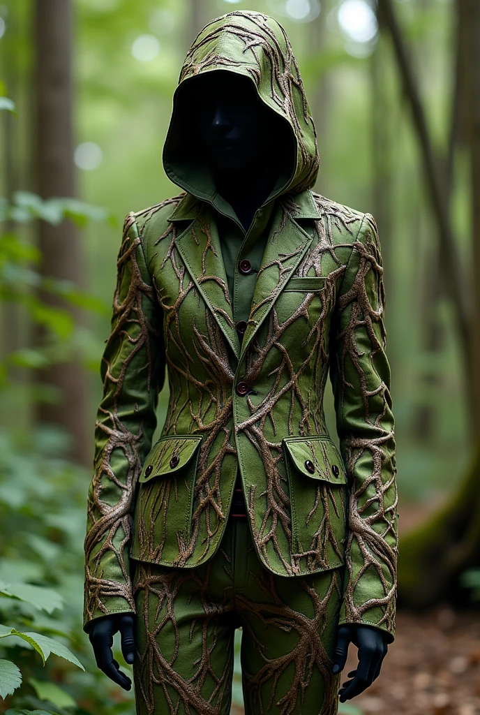 A green and brown outfit with patterns resembling leaves and roots. The suit is camouflage and allows him to blend in with any natural environment..