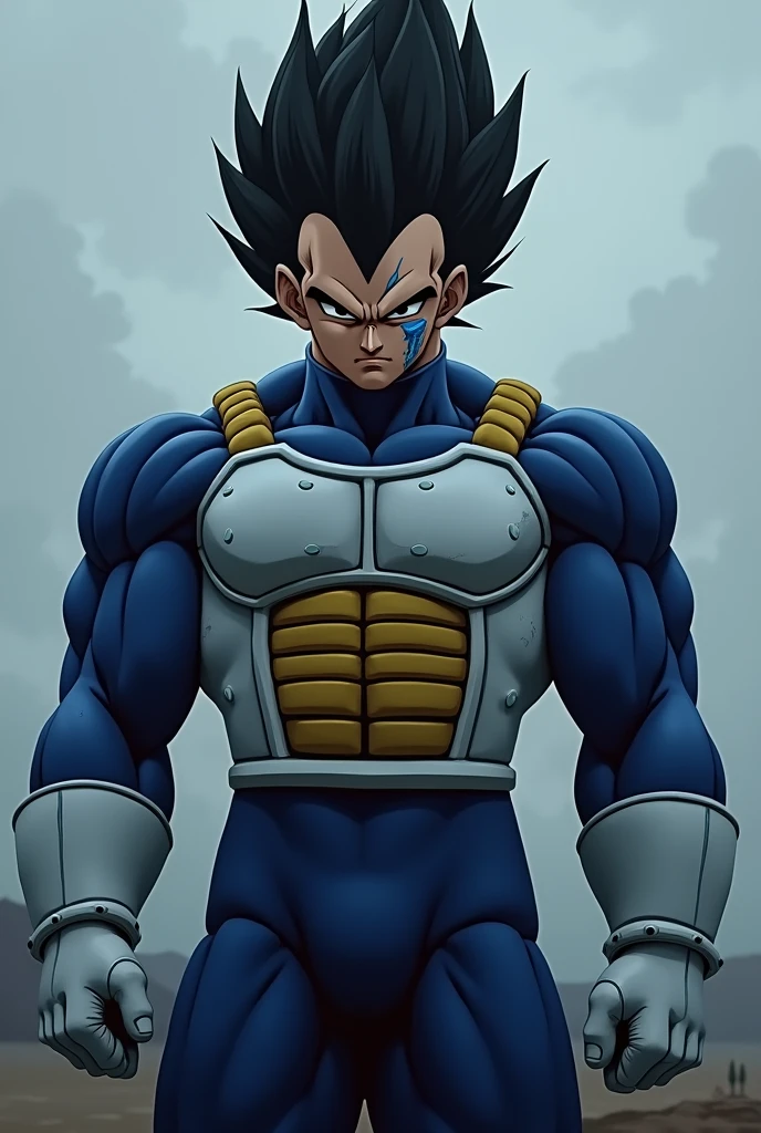 Create dragon ball character vegeta with his blue outfit with sad face