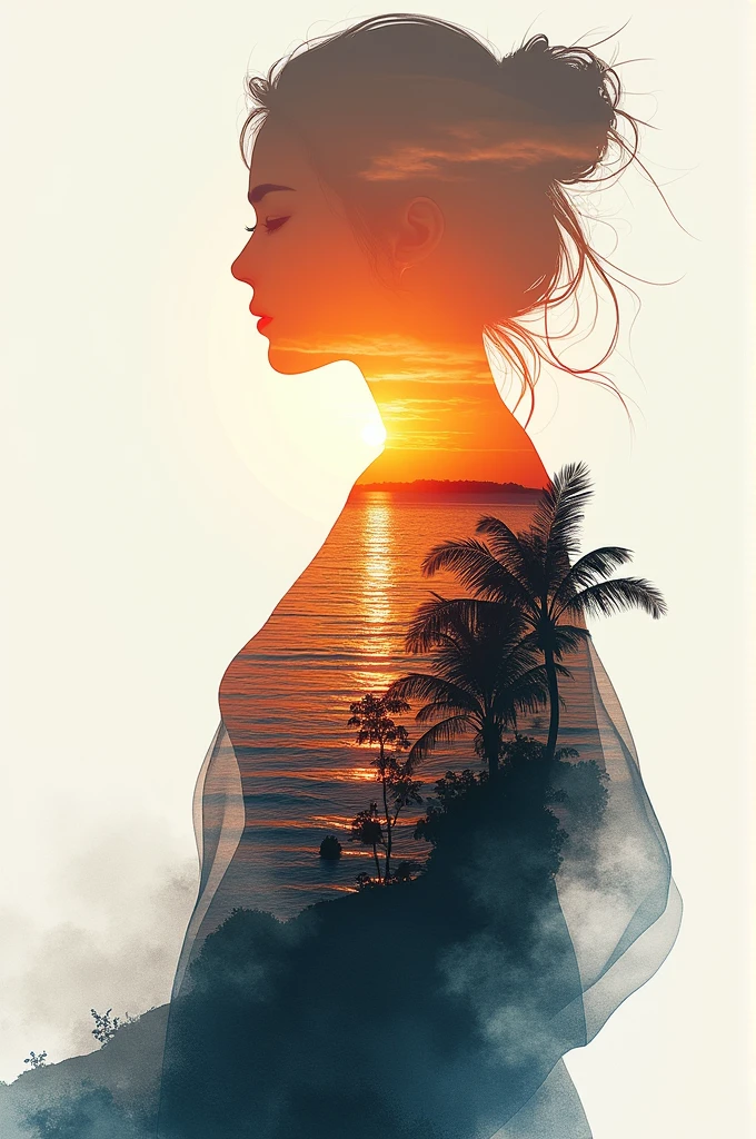 high qualiy, 8k Ultra HD, Uma linda Double exposure que combina uma silhueta de deusa com costa ao pôr do sol, the coast at sunset should serve as a backdrop, with its details incorporated into the goddess, Sharp lines, The background is monochromatic, sharp focus, Double exposure, By Yukisakura, stunning full colors.