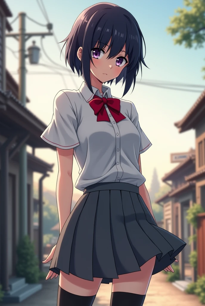 Young girl with blue hair,short straight hair and short bangs (purple eyes),, ((small bushy eyebrows)), wearing gothic lolita clothing, lolicon , large breast, breasts out of blouse, walking to school, bored look, bored face, , lifting her skirt to show her vagina wet with semen, having sex