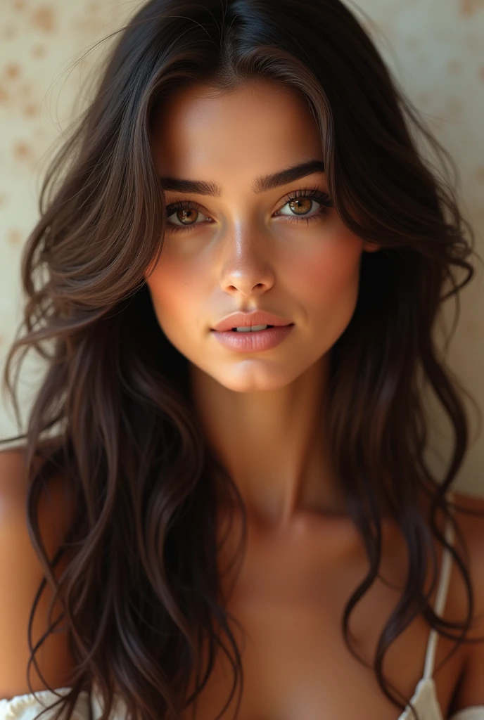 Femme brune , yeux marron , cheveux long brun ondulé , origine italienne , portrait