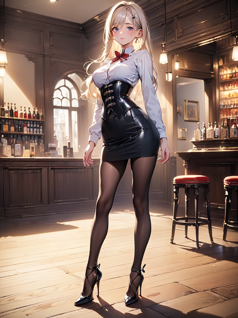(masterpiece, best quality, highest quality, Masterpiece, 8k:1.5), (kawaii:1.2), (Full Body Shot,Including face,1girl,Focus on the face,Symmetrical facial features), Beautiful woman, (slender), ((High heels)), Detailed depiction of the face, Black Eyes,Cafe,bar, (Red checked skirt,corset,clerk,uniform),Inside the store, (multiple:-1.2),(Forward bending:1.5)