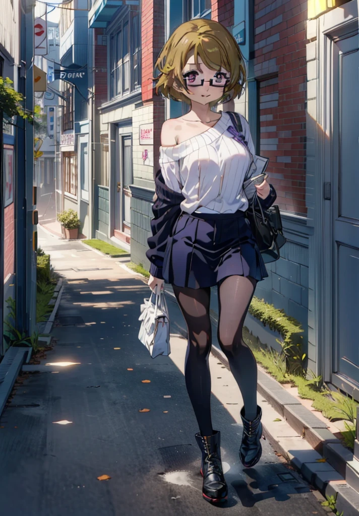 Hanayo Koizumi, hanayo　Koizumi, short hair, Brown Hair, Purple eyes,Big Breasts,Black-rimmed glasses,smile,Open your mouth,blush,Green one-shoulder sweater,mini skirt,Black pantyhose,short boots,Walking,morning,morning陽,The sun is rising,On the way to school,whole bodyがイラストに入るように,　　　　　　　　　　　　　　　　　　　　break looking at viewer, whole body,　　　　　　　　　　　　　　　　　　　break outdoors,University, School building,　　　　　　　　　　　　break (masterpiece:1.2), Highest quality, High resolution, unity 8k wallpaper, (shape:0.8), (Beautiful attention to detail:1.6), Highly detailed face, Perfect lighting, Highly detailed CG, (Perfect hands, Perfect Anatomy),