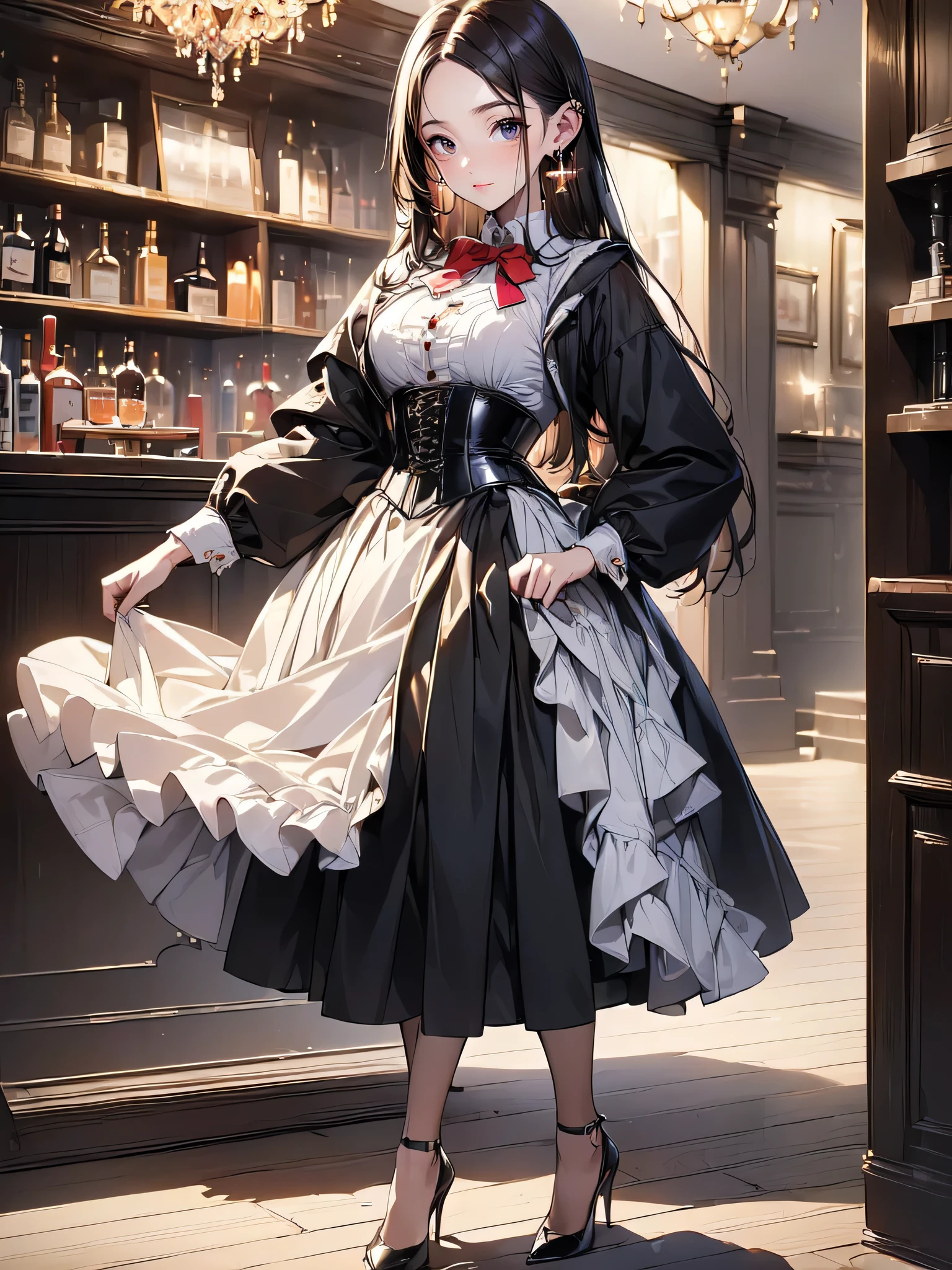 (masterpiece, best quality, highest quality, Masterpiece, 8k:1.5), (kawaii:1.2), (Full Body Shot,Including face,1girl,Focus on the face,Symmetrical facial features), Beautiful woman, (slender), ((High heels)), Detailed depiction of the face, Black Eyes,Cafe,bar, (Red checked skirt,corset,clerk,uniform),Inside the store,Window Cleaning, (multiple:-1.2),