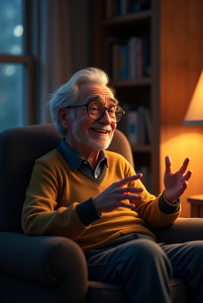 The same grandfather now sits in a chair talking nostalgically and smiling with his glasses while with his gestures he seems to be talking about something interesting.. It's still night.