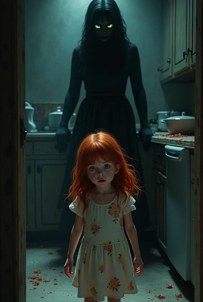 little red-haired girl with long hair, wavy and blue eyes, a flowery dress and an expression of fear, behind him there is a shadow woman in a kitchen, make the environment scary 