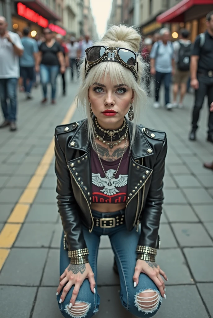 russian old milf woman, , blonde platinum hair (beehive bun) and oversized square sunglasses as headband), with very light green eyes, extremely pale. Wearing studded, padded shoulders, cropped black moto jacket (zippers on the side and femminist pins) Cropped dark burgundy push up t-shirt with skull and wings logo and gothic lettering,, dark skinny low rise blue jeans with holes on knees .White tennis sneakers. Lots of thick wide studded bracelets, chain collars and big rings. Tacky wide studded leather belt with big eagle oval buckle. Long earrings with chains. Kneeling on a ragged large usa flag, looking at the photographer. Hands on knees. Looking at the camera, Toned abdominals, thin neck, slim legs and thin arms. Narrow hips. Heavily tattooed on chest, hands, neck and arms. Crowded street of Angola