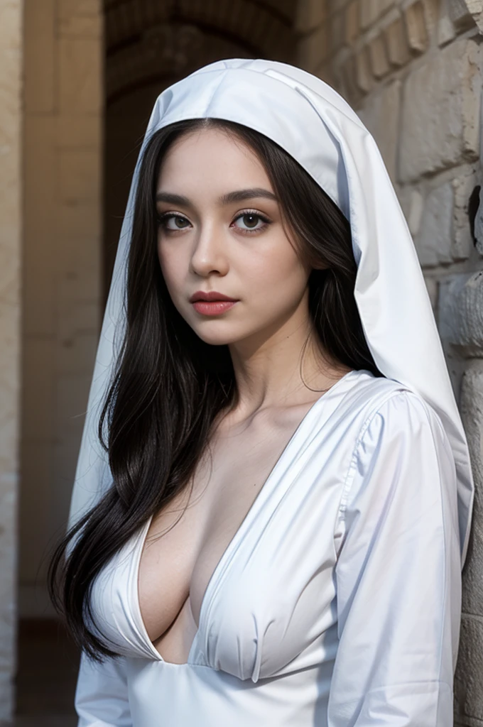 A beautiful Gothic nun wearing a white plastic dress and a black veil with thorns. She has long hair made of spikes, and the sun shines on her face. This is a hyper-realistic photography piece.