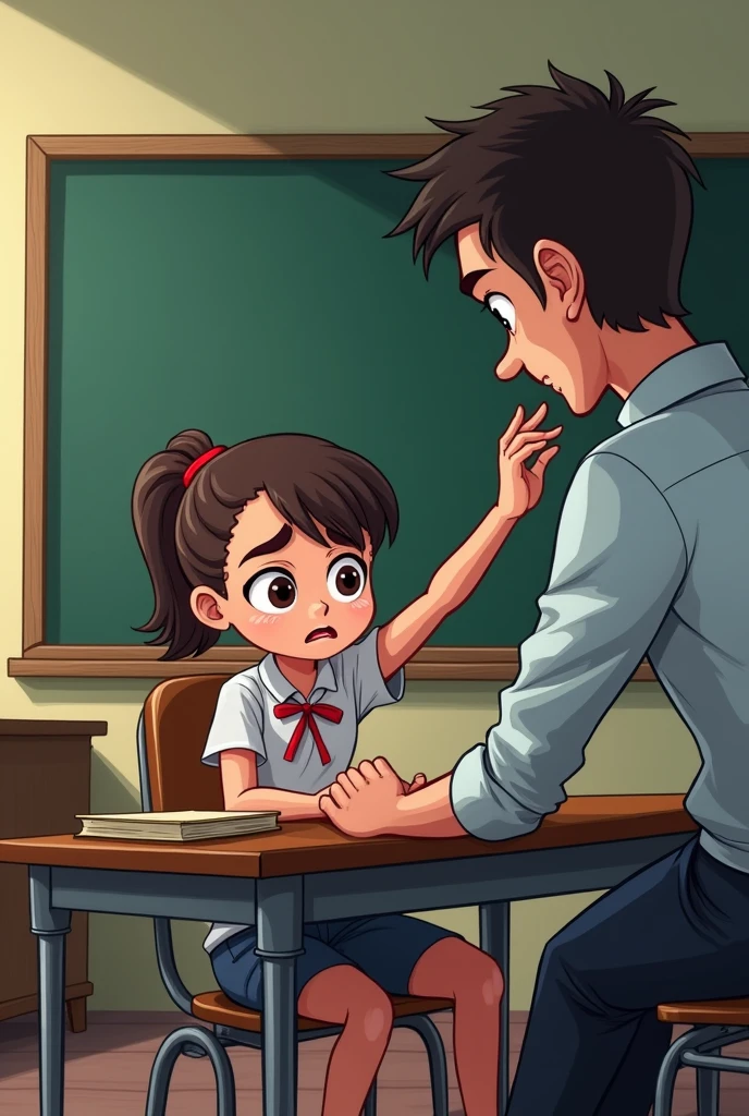 A cartoon with a young lady sitting at a desk and a teacher with his back turned, touching the girl's shoulder and making her feel uncomfortable.