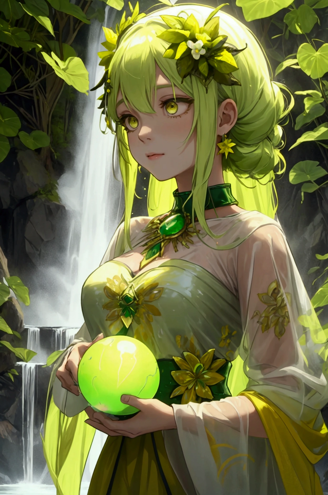 A girl covered in green mist and yellow mist, holding a water orb like ball dripping down, waterfall as the orb drips, yellow green highlight hair straight, white eyes, goddess like